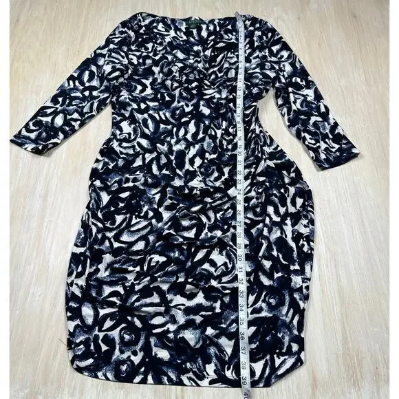 Lauren Ralph Lauren Navy White Abstract Print Ruched 3/4 Sleeve Sheath Dress 16 - Picture 5 of 14